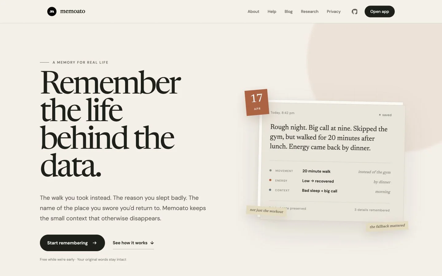 Memoato landing page showing a saved personal note and the details remembered from it